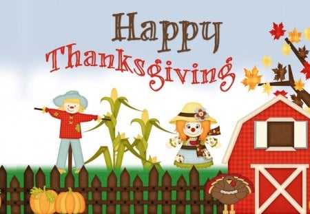 Happy Thanksgiving - scarecrow, autumn, fence, turkey, pumpkins, fall, corn, leaves, tree, barn