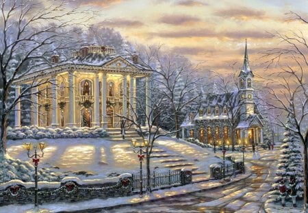 'Evening in Holiday' - people, attractions in dreams, creative pre-made, greetings, snow, holidays, celebrations, decotations, streets, ornaments, Christmas, houses, winter holidays, winter, beautiful, colors, lovely, xmas and new year, architecture, christmas, churches, christmas tree, white tree, love four seasons