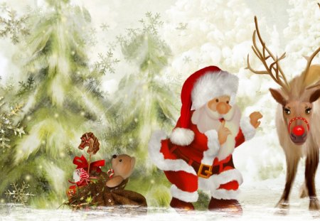 Quiet Dear Rudolph - trees, winter, santa claus, saint nick, christmas, st nickolas, feliz navidad, father christma, holiday, snowing, bag of toys, xmas, reindeer