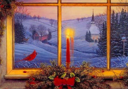 Christmas scene - birds, window, room, scene, snow, cozy, path, holiday, candles, nice, cottage, sky, house, winter, beautiful, flame, lovely, tree, christmas, colorful, new year, painting