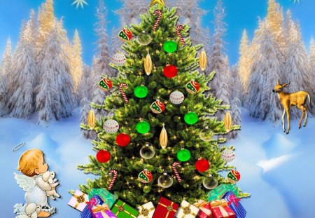 Christmas tree - joy, beautiful, christmas, white, gifts, bells, balls, tree, colorful, new year, cold, winter, pretty, snowflakes, branches, decoration, snowing, merry christmas, nice, lovely, deers, angel, green, snow