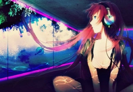 Abstract Headphone - headphones, cant think of a fourth, long hair, red