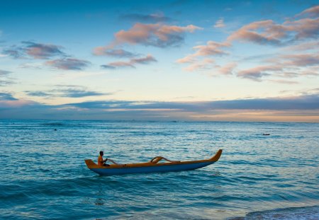 outrigger on a calm sea - sea, man, clouds, boat