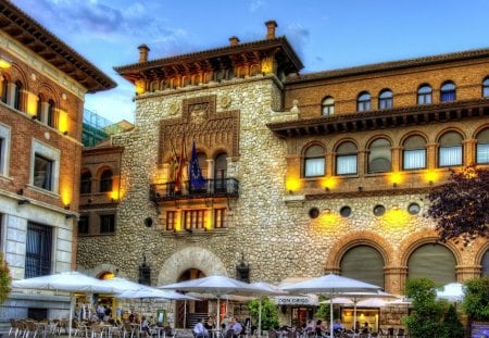 street cafe at dusk - umbrellas, cafe, street, buildings