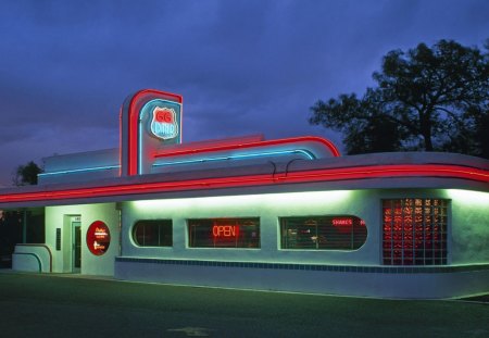 diner on route 66 in california - lights, dusk, diner, neon