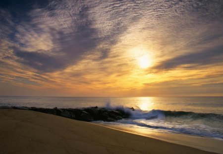 soft sunset - beach, sunset, clouds, waves