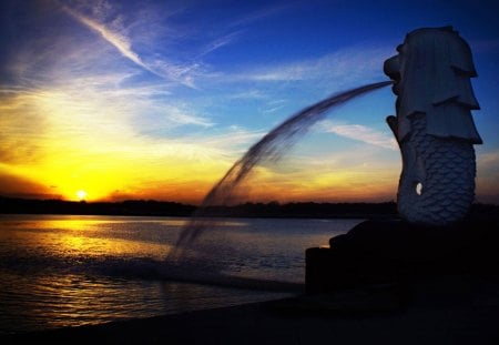 incredible sunset over fountain - sunset, sea, spray, fountain