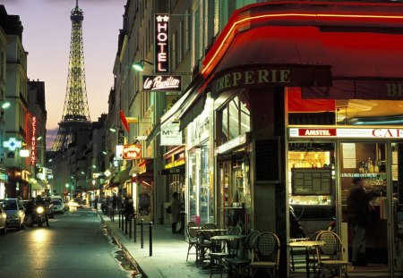 paris cafe - street, lights, cafe, city, eifel tower