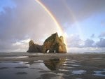 rainbow over beach boulder