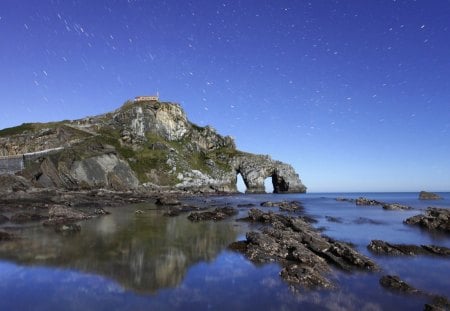 star showers above a rocky sea coast - rocks, reflection, coast, sea, stars