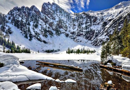 serene mountain pond in winter - logs, winter, mountains, pond