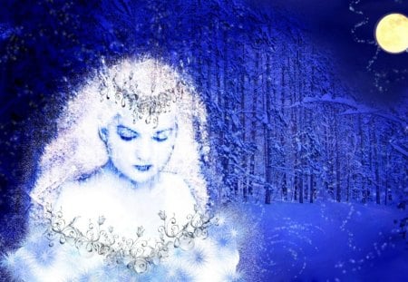 THE SNOW QUEEN - moon, sky, female, night, white, queen, forest, blue, snow