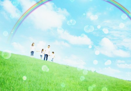 Family in the glassland with ranbow in bule sky - rainbow, blue, sky, grassland, family