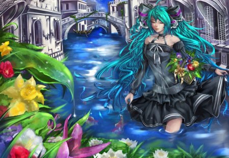 Miku in Venice - beauty, aqua, venice, water, white, purple, anime, cute, bridge, manga, black dress, hatsune miku, girl, buildings, bow, red, blue, pink, fish, green hair, flower