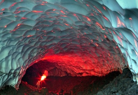 Under a Glacier - flare, ice, red, glacier