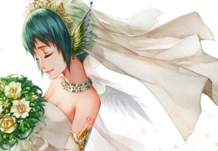 Hatsune Miku - bride, yellow, dress, girl, hatsune miku, flower, bouquet, white, green, woman, blue hair