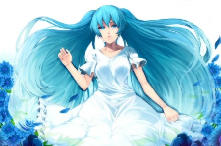 Hatsune Miku - cehenot, beauty, hatsune miku, tears, girl, hair, water, spring, blue, anime, cute, flower, manga