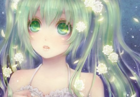 Hatsune Miku - beauty, hatsune miku, tears, girl, hair, eyes, spirng, night, water, vocaloid, blue, anime, green, cute, flower, manga