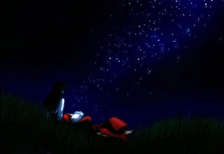 watchng stars - girl, grass, stars, sky