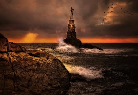 Lighthouse at Stormy Sea - clouds, coast, scenery, lights, waves, rocks