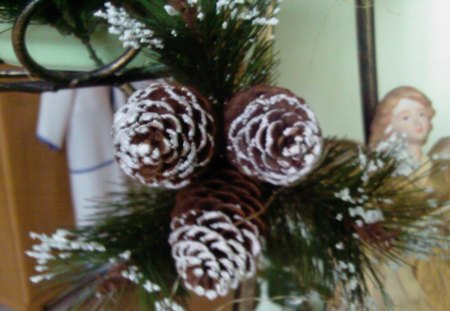 pine cones - christmas, twig, decoration, green, brown, snow, pine cones