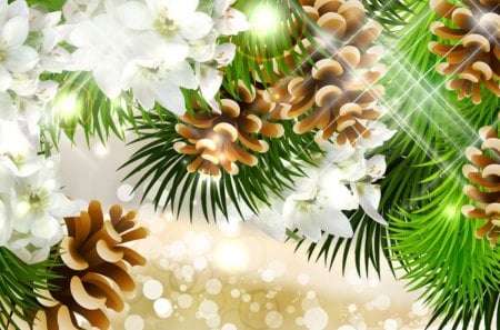 with the scent of pine - stars, pine, white, decorating, holidays, pine cones, green, flowers, twigs