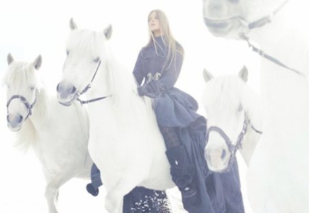 Winter walk with white horses - beauty, horses, girl, walk, snow, winter