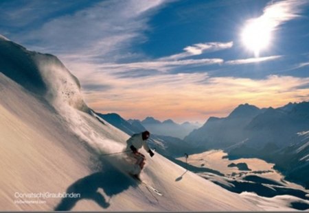 skiing in the mountain - beauty, skier, pleasure, mountain, man, snow, sun, winter