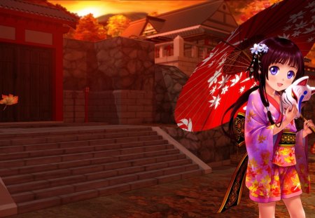 Cute Japanesse Girl - umbrella, mask, red, girl, orginal, kimono