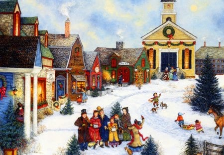 Christmas joy - fun, nice, new year, people, joy, painting, children, holiday, family, houses, kids, playing, lovely, christmas, village, shops, snow, beautiful, snowing