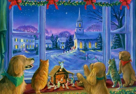 Christmas watchers - birds, snowflakes, window, snow, children, angel, night, church, path, holiday, friends, rppm, kids, buddies, new year, serenity, cabin, watchers, evening, stars, home, kitten, cittage, houses, sky, clouds, trees, decoration, holy, puppies, cat, christmas, gods, snowing, vullage, dusk, peaceful, kitty