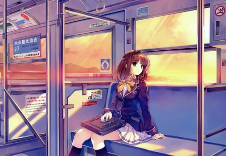 anime girl - anime, train, girl sunset, cute