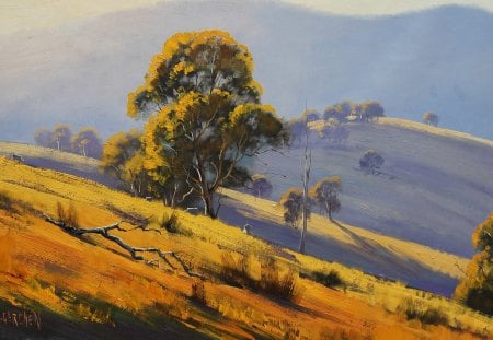 Australian summer - painting, nature, art, landscape, summer, field, tree