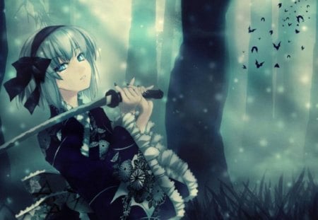 Youmu - sword, girl, trees, cant think of a fourth