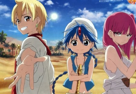 Magi  - alibaba saluja, morgiana, alladin, cant think of a fourth