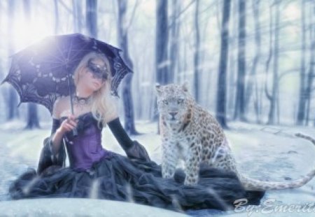 Cold Day - fantasy, winter, lady, snow, forest, tiger