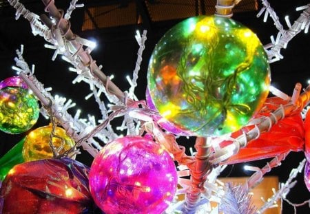 Christmas Decorations Colorful - bright, decorations, balloons, branch, christmas, colorful