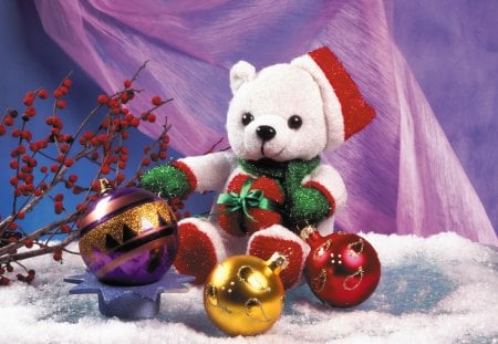 Christmas teddy bear - beautiful, branches, christmas, decoration, white, bear, balls, reflection, nice, teddy, lovely, snow, new year, colorful