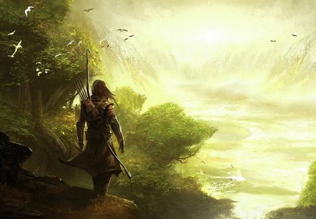 assassin - painting, sky, assassin, trees, man, fantasy, birds