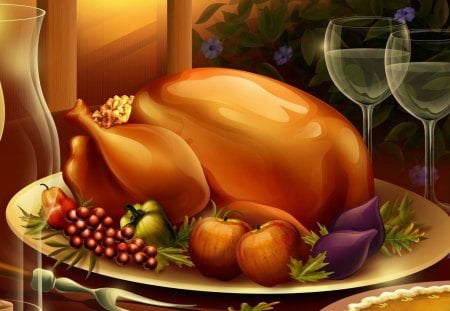 3d thanksgiving foods - wine, turkey, november, holiday, autumn, food, thanksgiving