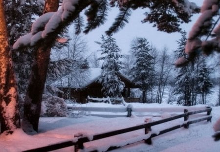 Winter Lodge forester - fence, landscape, winter, painting, lodge, forester, artwork, snow, cabin