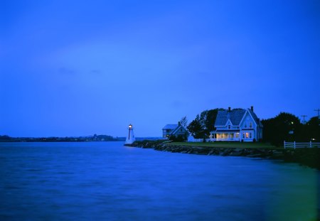 Bay at night - sea, night, blue, bay