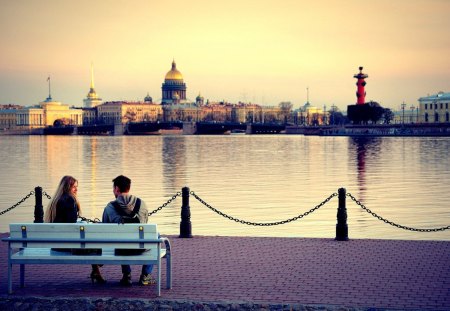 couple sitting on embankment - love, embankment, sitting, couple