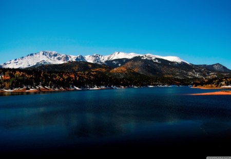 Royal Blue Lake - trees, water, blue, snow, reflection, nature, land, lake, royal, sky