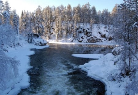 cottage on the bank of frozen river - river, frozen, bank, cottage