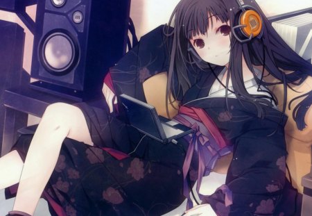 Just Laying Back - black, headphones, red, girl, cute