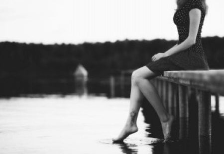 In This Lake - lake, gir, black and white, gray, legs, dress