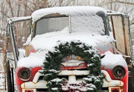 Merry Christmas - truck, noel, snow, red, happy