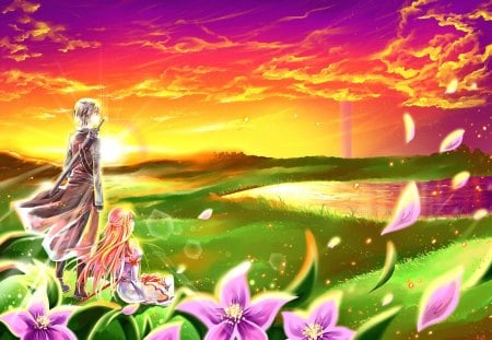 SAO: Sunset - anime, female, scenery, scene, grass, light, boy, male, yuuki, petal, sword art online, field, kirito, sky, sun, anime girl, asuna, girl, scenic, flower, sunset, cloud