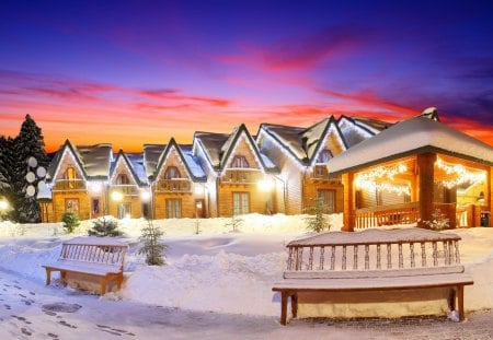 Village in Winter - sky, houses, snow, clouds, bench